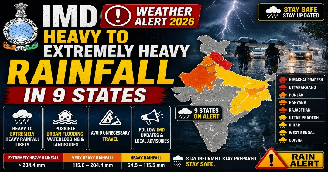 IMD Weather Alert 2026: Heavy to Extremely Heavy Rainfall in 9 States