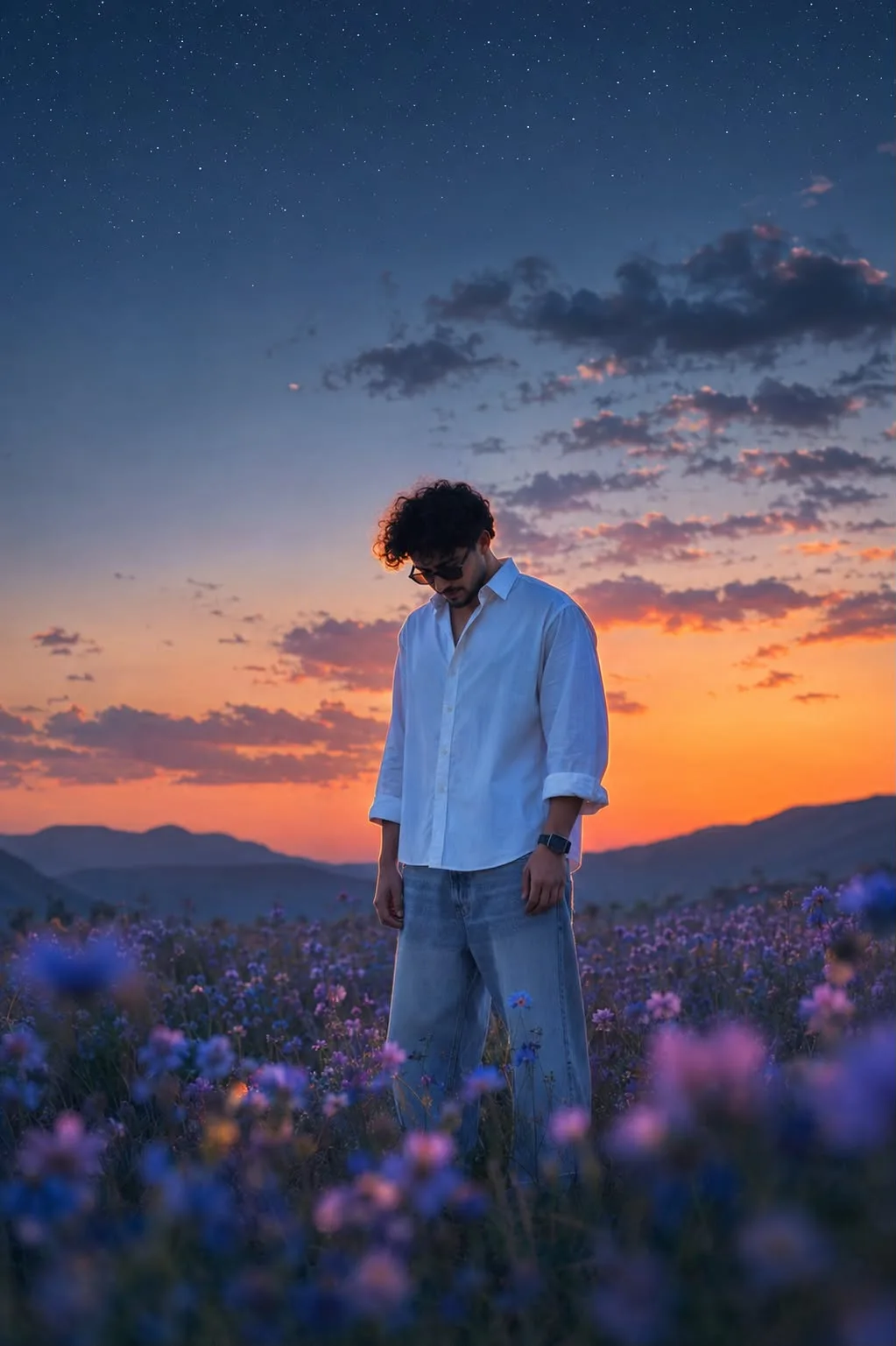Cinematic Blue Hour Wildflower Portrait Prompt